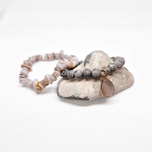 Picasso Jasper Beads Bracelet Set - Black Qubd
