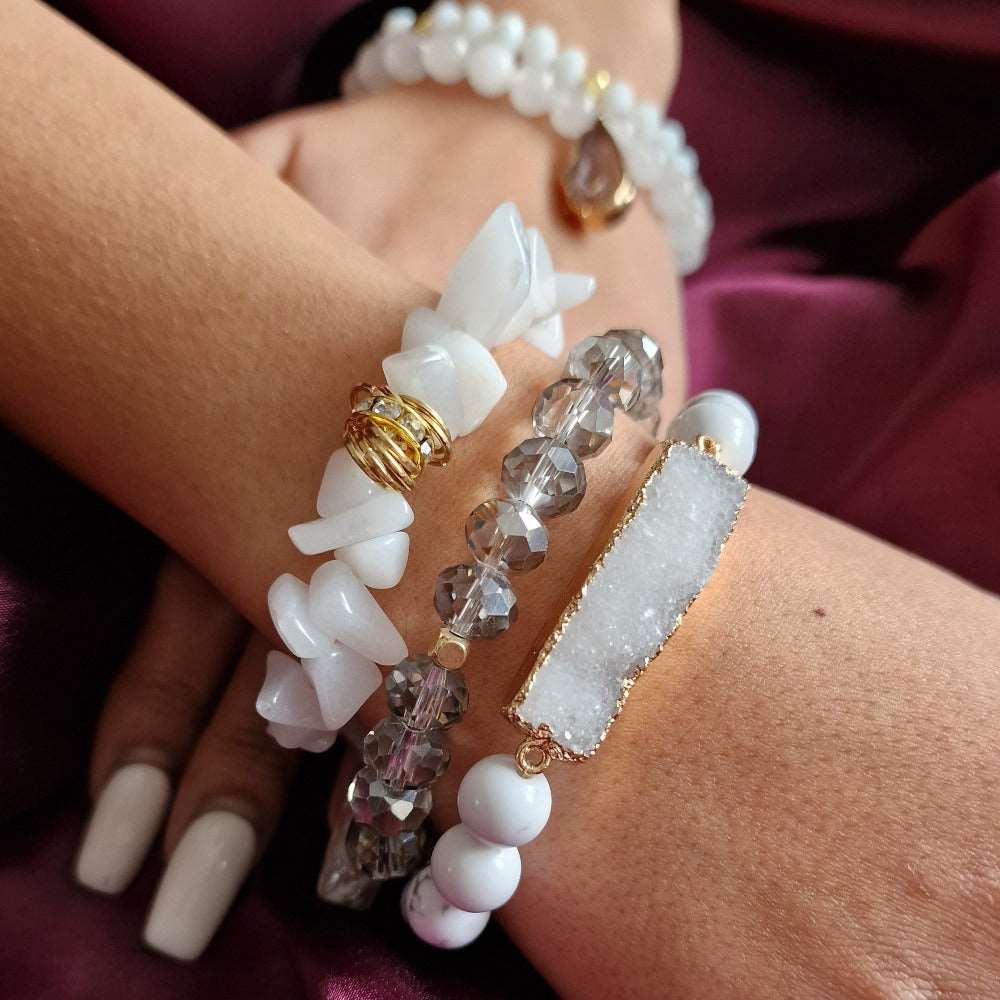 White Snow Quartz Chips Crystal Bracelet Set - Black Qubd