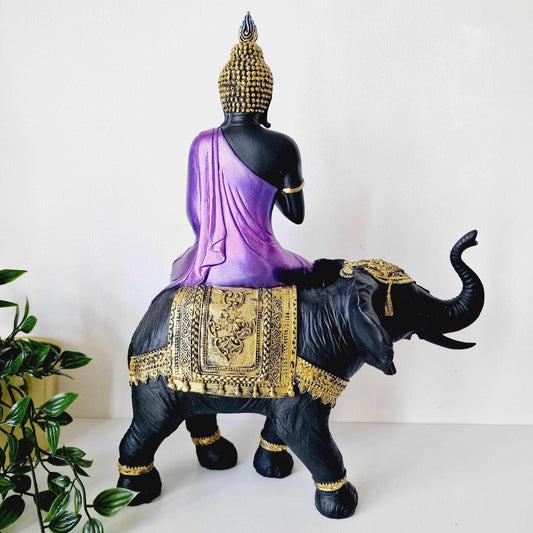 Buddha Riding Elephant Statue - Black Qubd