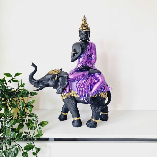 Buddha Riding Elephant Statue - Black Qubd