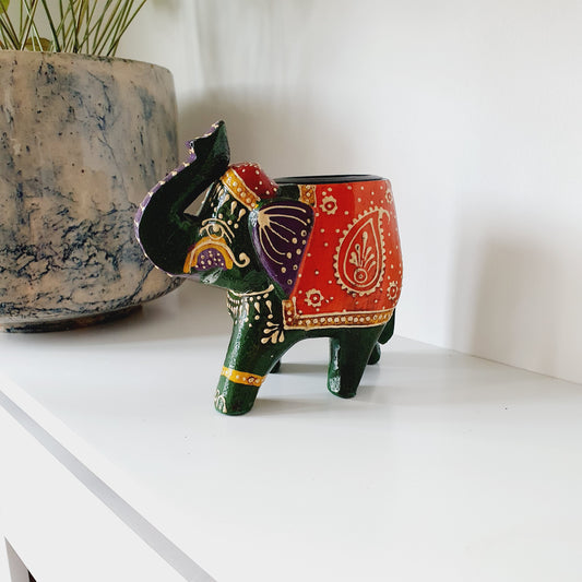 Indian Elephant Hand Painted Tealight Holder - Black Qubd