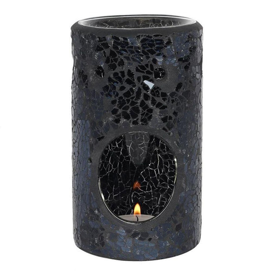 Black Crackle Glass Pillar Oil Burner - Black Qubd