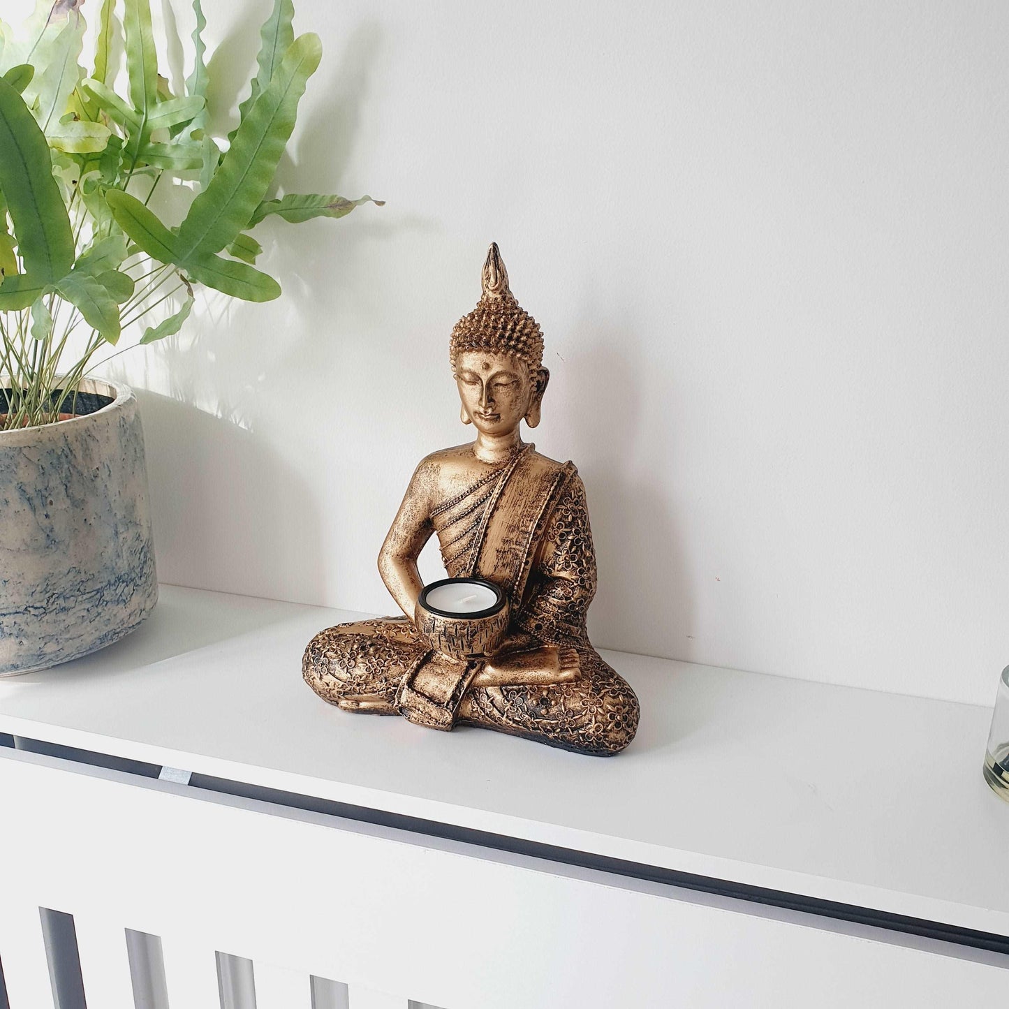 Rustic Gold Buddha Statue with Tealight Holder - Black Qubd