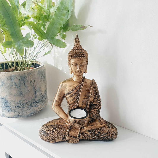 Rustic Gold Buddha Statue with Tealight Holder - Black Qubd
