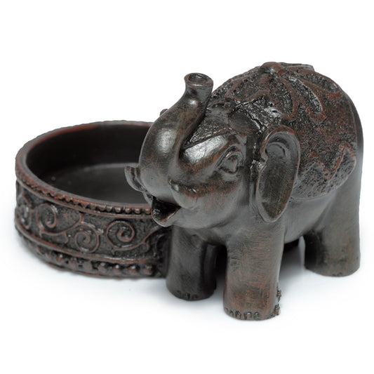 Wood Effect Elephant Tea Light Candle Holder - Black Qubd