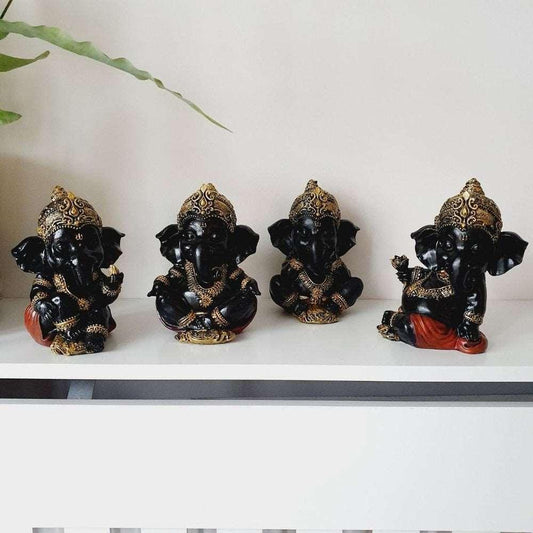 Black Ganesh Statue Collection - Set of 4 - Black Qubd