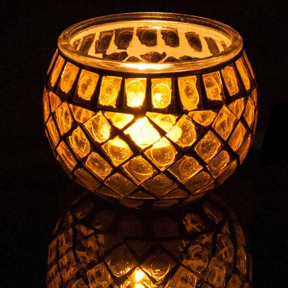 Mosaic Glass Round Tealight Holder - Black Qubd