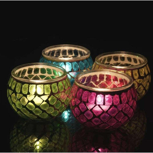 Mosaic Glass Round Tealight Holder - Black Qubd