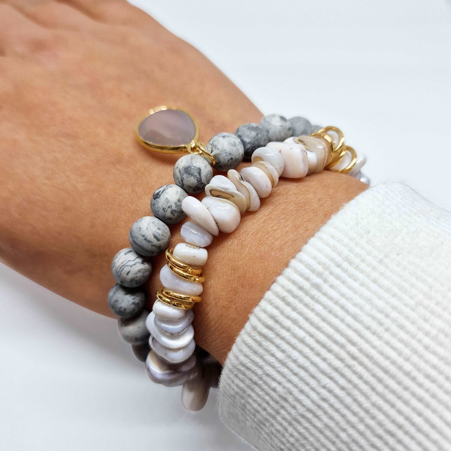 Picasso Jasper Beads Bracelet Set - Black Qubd