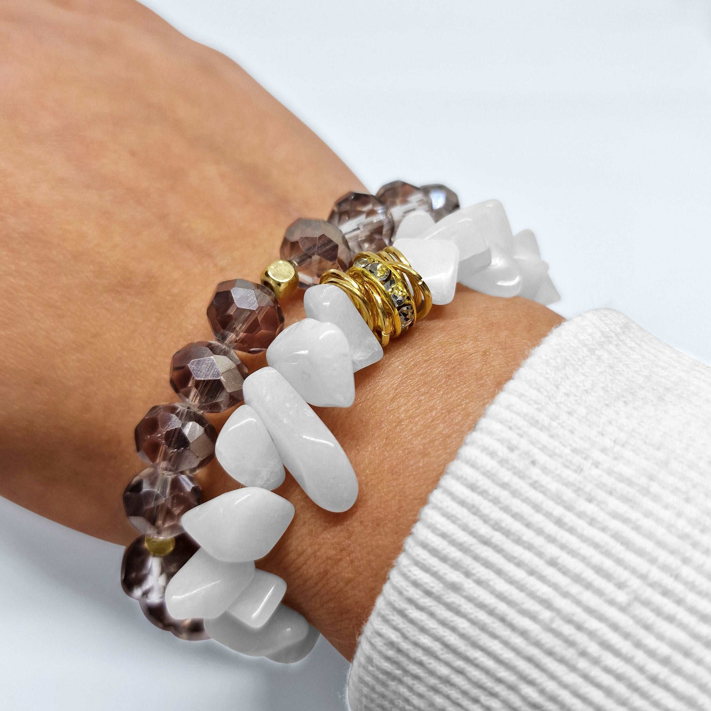 White Snow Quartz Chips Crystal Bracelet Set - Black Qubd