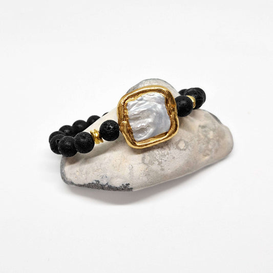 Black Lava Stone Bracelet with Opal Piece
