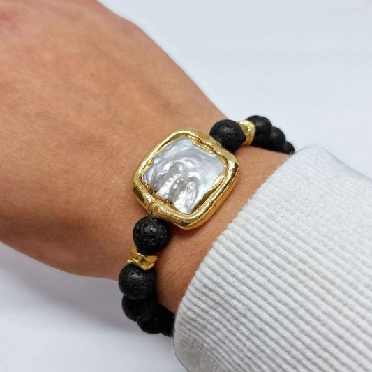 Black Lava Stone Bracelet with Opal Piece - Black Qubd