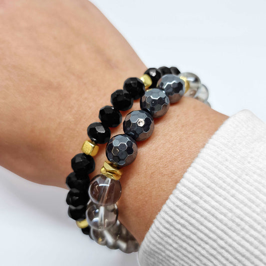Black Glass Beads Bracelet Set - Black Qubd