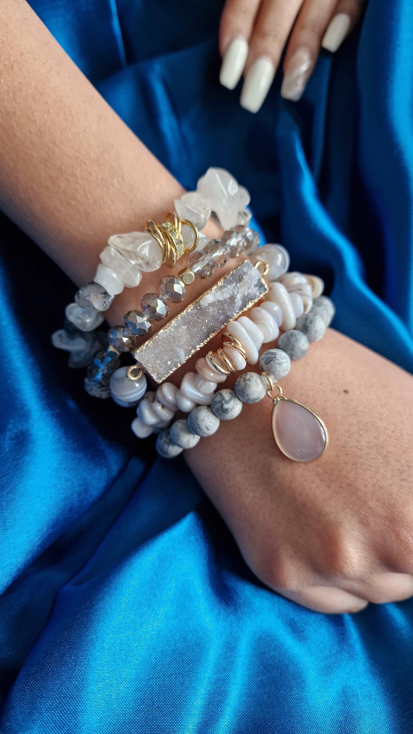 Picasso Jasper Beads Bracelet Set - Black Qubd
