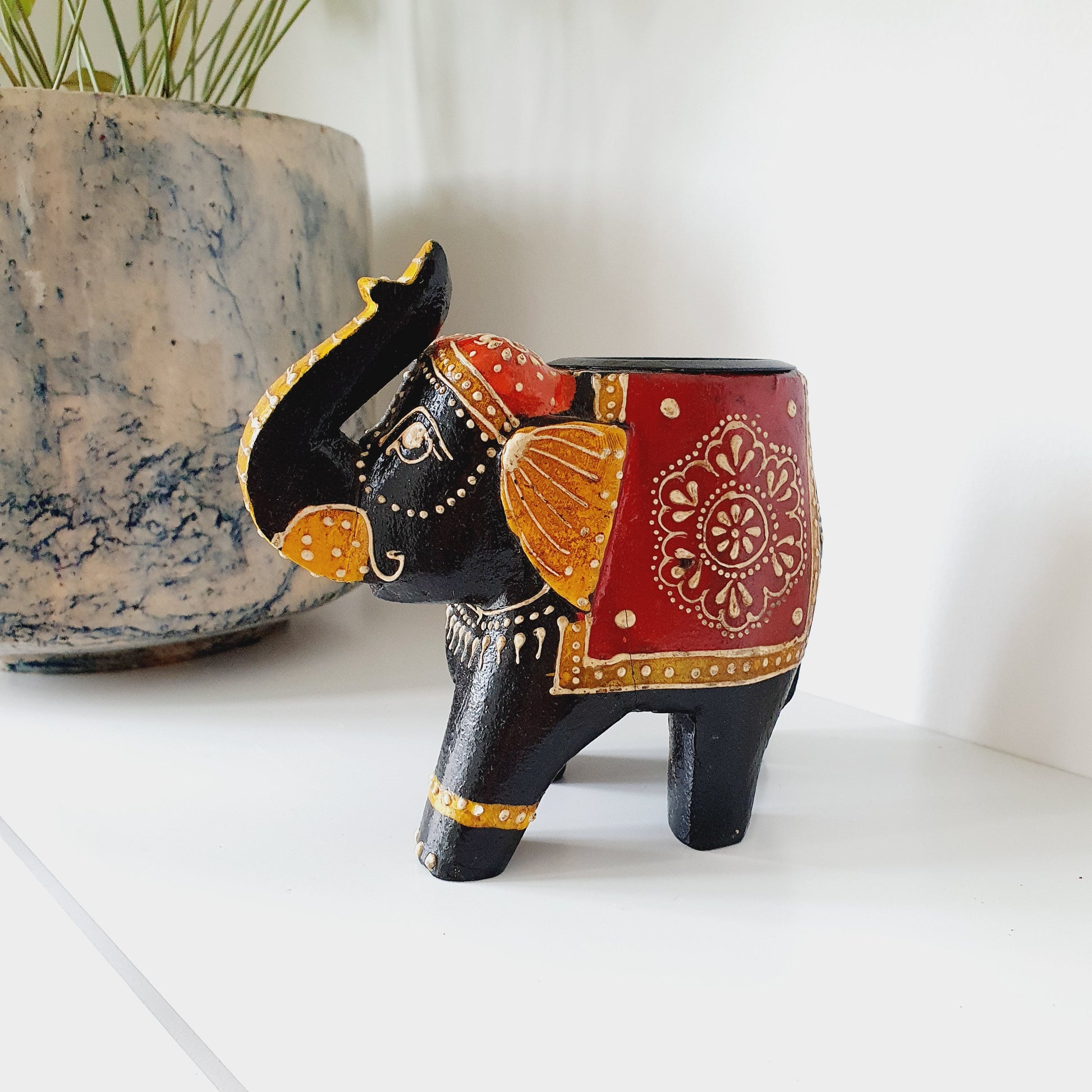 Indian Elephant Hand Painted Tealight Holder - Black Qubd