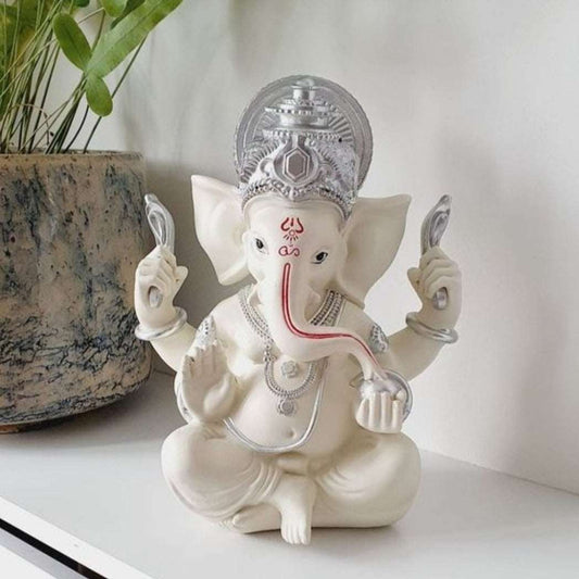 Modern Ganesh Statue in White & Silver