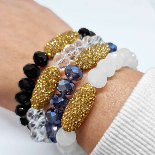 Glass Beads Statement Bracelet With Gold Elasticated Black Qubd