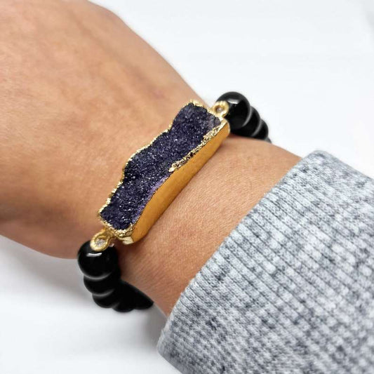 Agate Beads Layers Elasticated Bracelet with Druzy Crystal Black Black Qubd