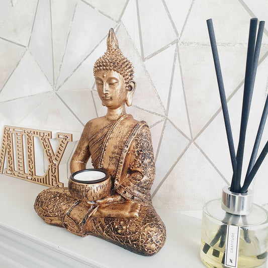 Rustic Gold Buddha Statue with Tealight Holder Black Qubd