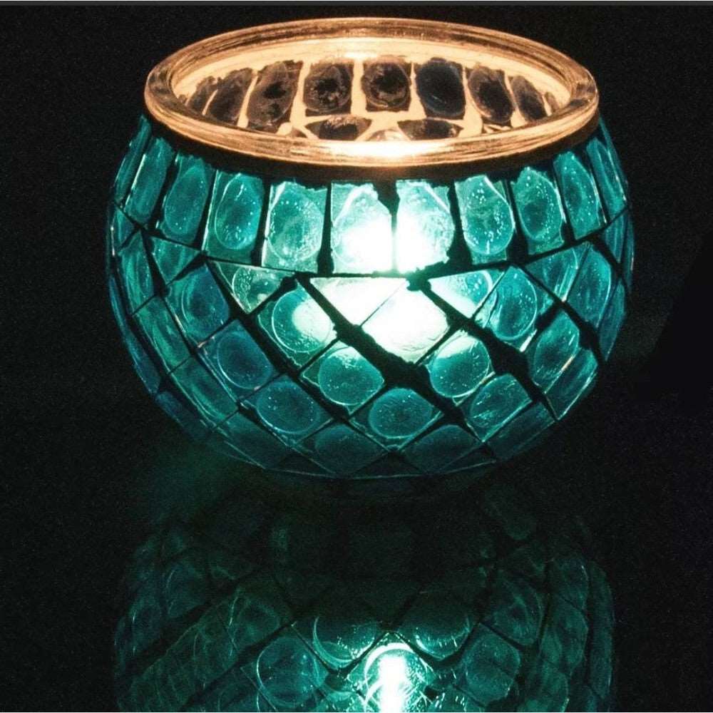 Mosaic Glass Round Tealight Holder - Black Qubd