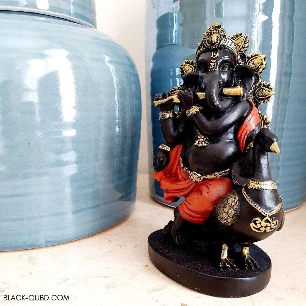Ganesh with Peacock Statue - Black Qubd