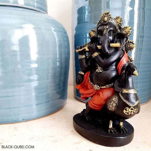 Ganesh with Peacock Statue Black Qubd