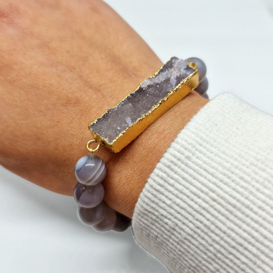 Grey Agate Beads Druzy Bracelet - Black Qubd