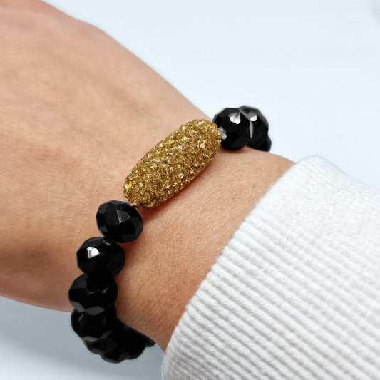 Glass Beads Statement Bracelet With Gold Elasticated Black Qubd