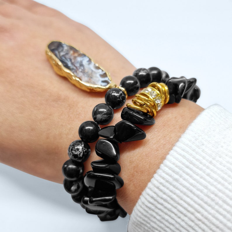 Black Agate Beads Crystal with Agate Charm Bracelet Set - Black Qubd