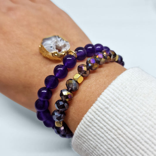 Amethyst Beads Crystal with Agate Charm Bracelet Set with Iridescent Purple Glass Beads Black Qubd