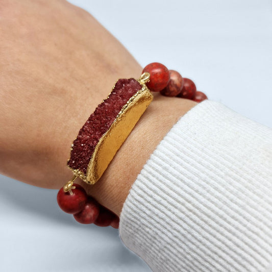 Red Brecciated Jasper Crystal Druzy Bracelet - Black Qubd