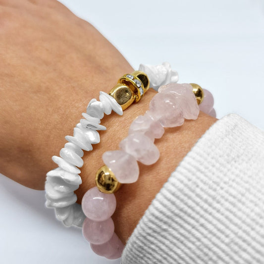 Rose Quartz Crystal with Gold Beads Bracelet Set with white Opal Chips Black Qubd