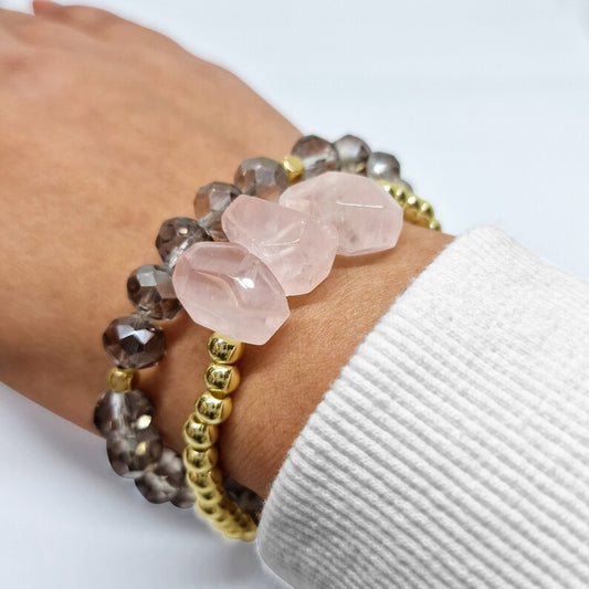 Rose Quartz Crystal with gold beads Bracelet Set with Smokey Glass Beads Black Qubd