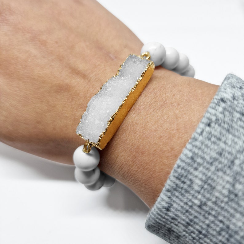 White Howlite Crystal Beads with Druzy Bracelet - Black Qubd
