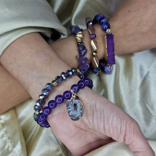 Spiritual Purple Layers Bracelet Set Mixture Of Gemstones, Crystals and Glass Beads Black Qubd