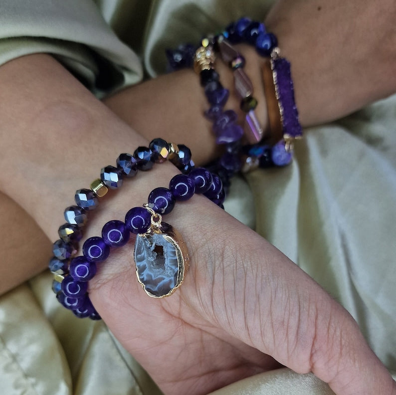 Amethyst Crystal Chips Bracelet Set - Black Qubd