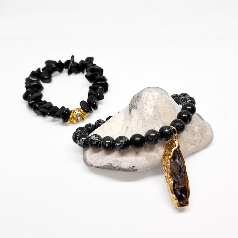 Black Agate Beads Crystal with Agate Charm Bracelet Set - Black Qubd